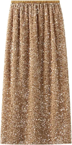 Long Skirts for Women Summer Sequin Printed Long Pleated Ruffle Skirts High Waist Nightgrom Party Skirts
