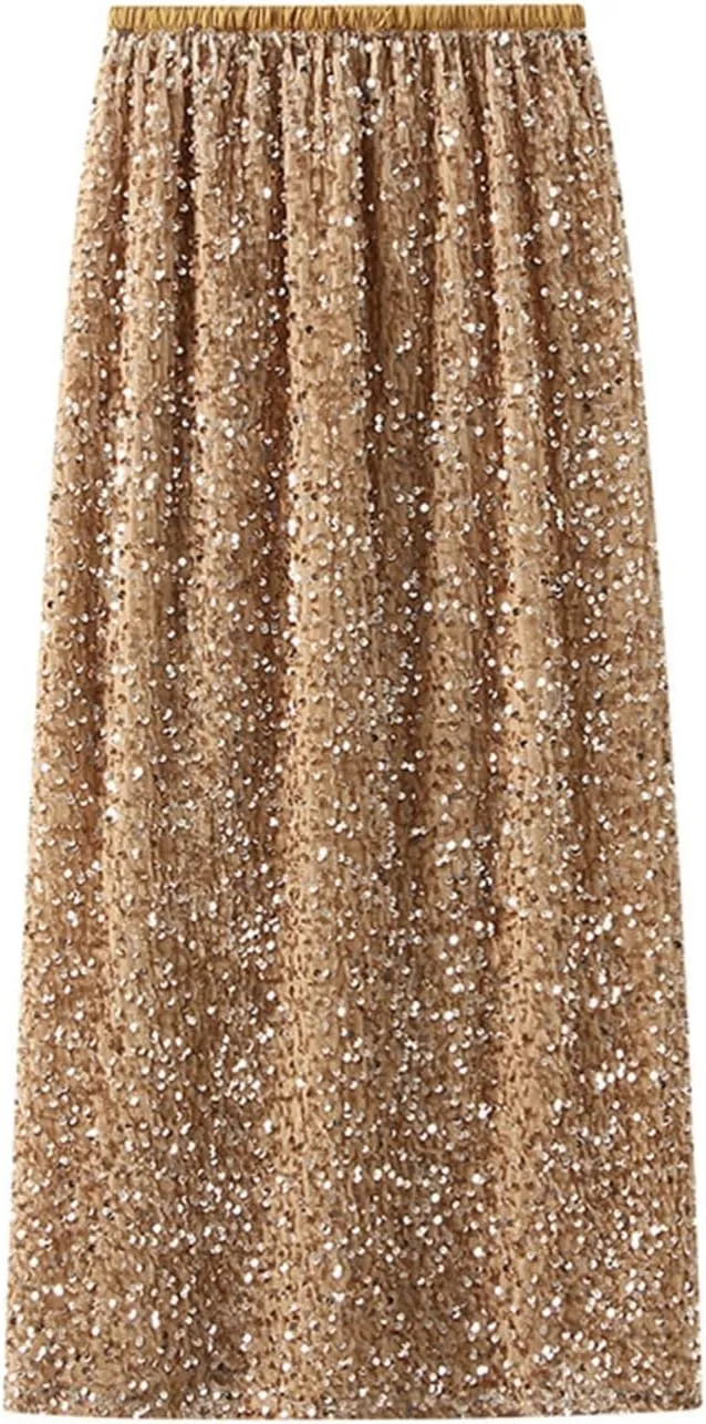 Long Skirts for Women Summer Sequin Printed Long Pleated Ruffle Skirts High Waist Nightgrom Party Skirts
