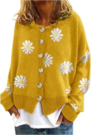 Long Sleeve Outfit for Women Fall Winter Sweater Daisy Floral Relaxed Fit Crochet Knit Cardigan Coats Women 2025