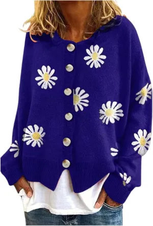 Long Sleeve Outfit for Women Fall Winter Sweater Daisy Floral Relaxed Fit Crochet Knit Cardigan Coats Women 2025