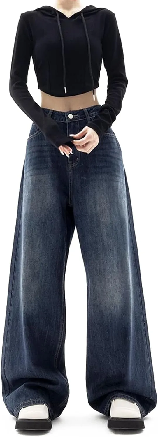 LONGBIDA Women's Boyfriend Straight Leg Jeans High Rise Wide Leg Baggy Stretchy Denim Pants with Raw Hem Frayed Edge