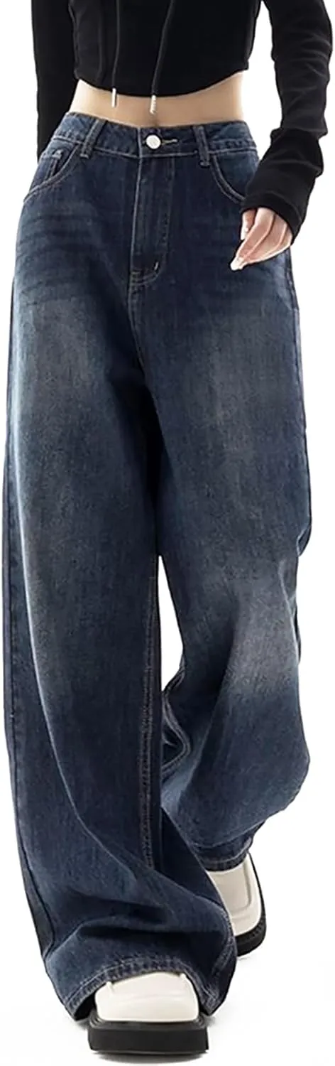 LONGBIDA Women's Boyfriend Straight Leg Jeans High Rise Wide Leg Baggy Stretchy Denim Pants with Raw Hem Frayed Edge