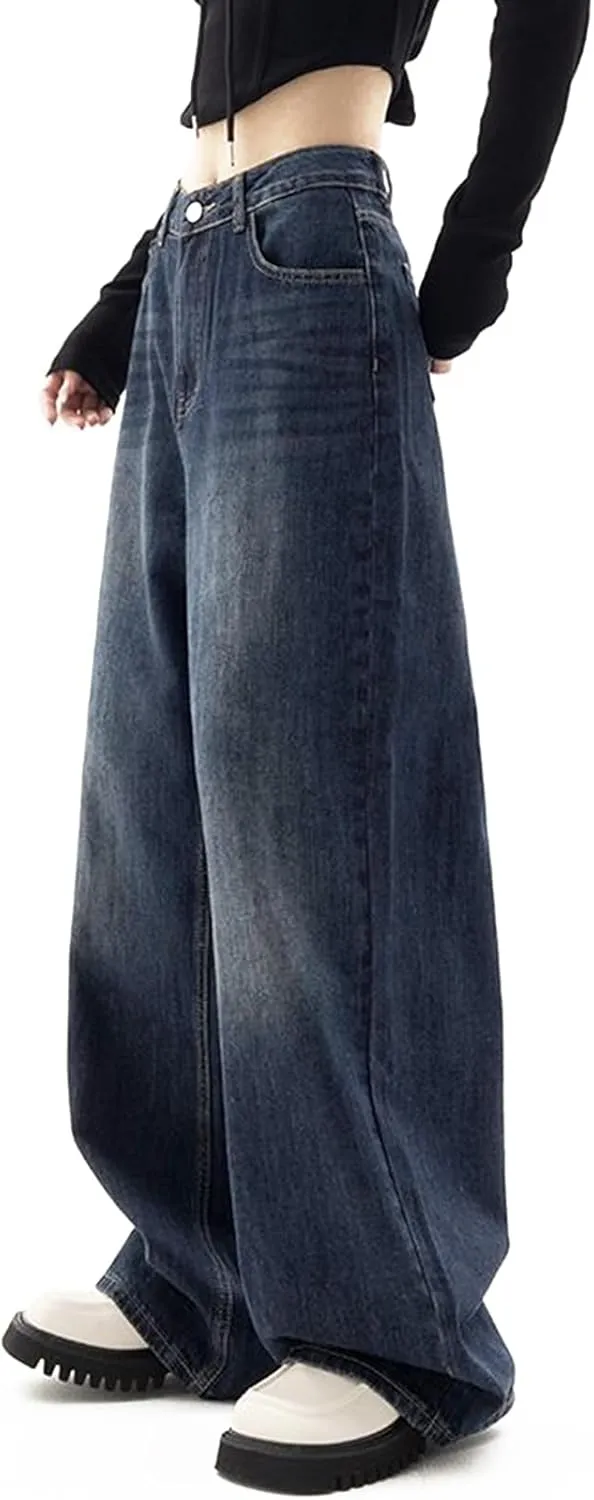 LONGBIDA Women's Boyfriend Straight Leg Jeans High Rise Wide Leg Baggy Stretchy Denim Pants with Raw Hem Frayed Edge