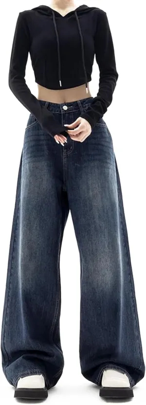 LONGBIDA Women's Boyfriend Straight Leg Jeans High Rise Wide Leg Baggy Stretchy Denim Pants with Raw Hem Frayed Edge