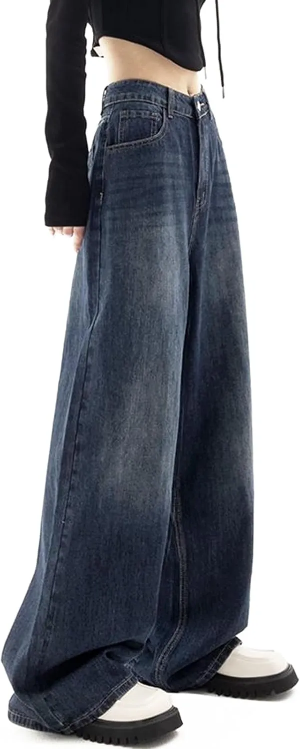 LONGBIDA Women's Boyfriend Straight Leg Jeans High Rise Wide Leg Baggy Stretchy Denim Pants with Raw Hem Frayed Edge