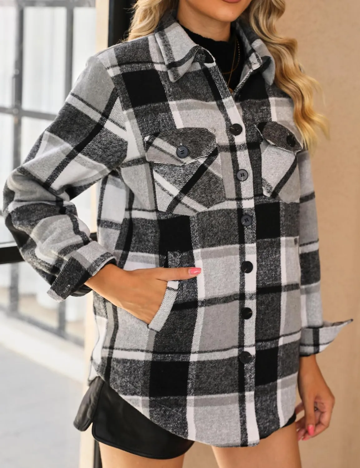 luvamia Plaid Jackets for Women Flannel Quilted Shacket Coats Oversized Button Down Shirts Jacket
