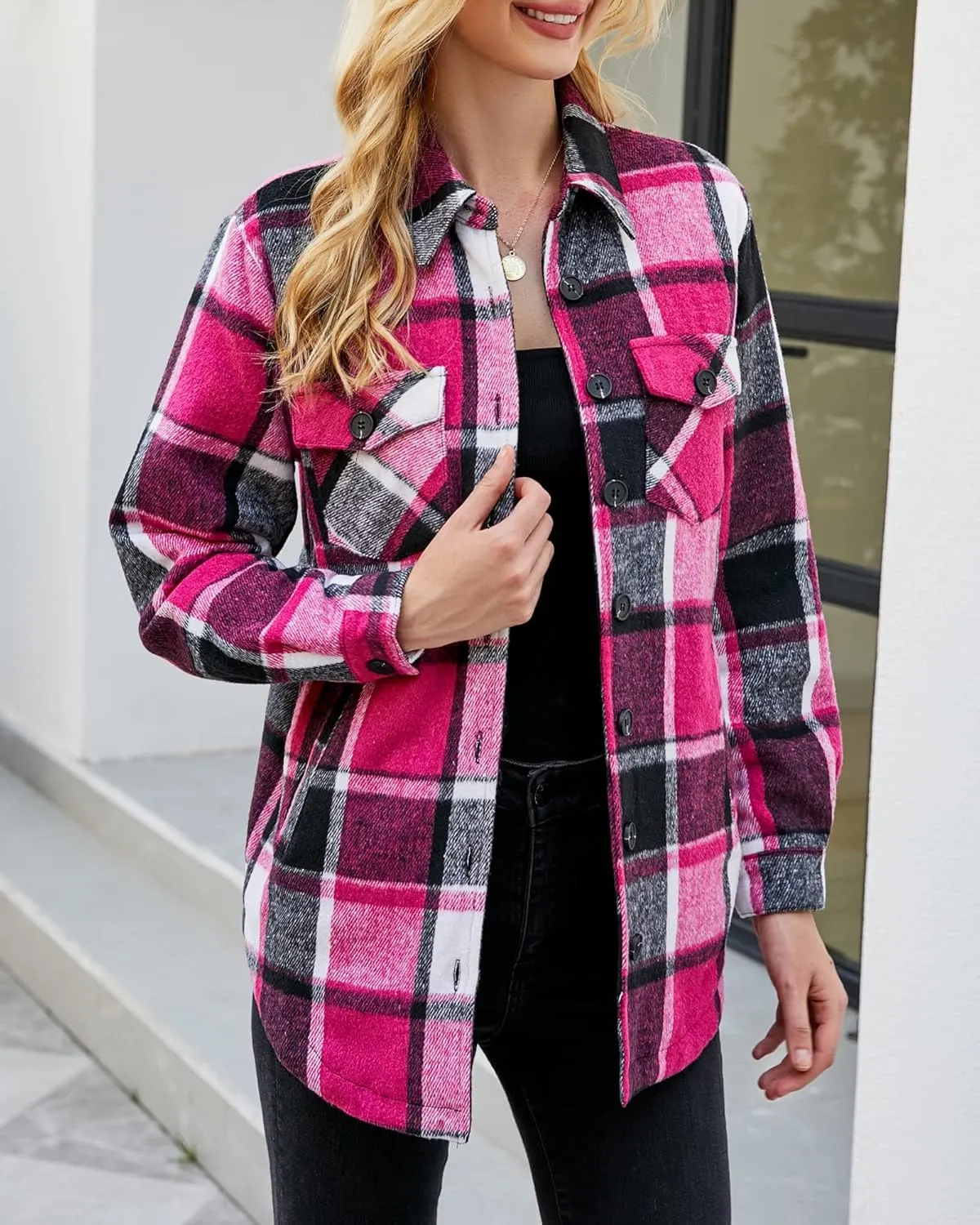 luvamia Plaid Jackets for Women Flannel Quilted Shacket Coats Oversized Button Down Shirts Jacket