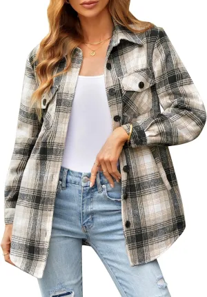 luvamia Plaid Jackets for Women Flannel Quilted Shacket Coats Oversized Button Down Shirts Jacket