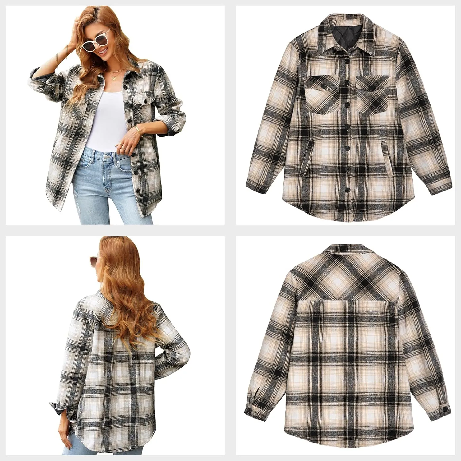 luvamia Plaid Jackets for Women Flannel Quilted Shacket Coats Oversized Button Down Shirts Jacket