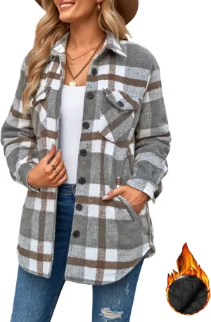 luvamia Plaid Jackets for Women Flannel Quilted Shacket Coats Oversized Button Down Shirts Jacket