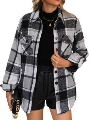 luvamia Plaid Jackets for Women Flannel Quilted Shacket Coats Oversized Button Down Shirts Jacket