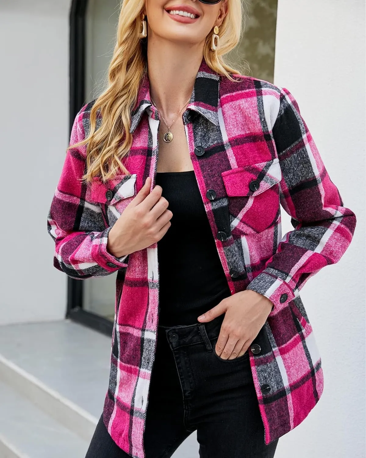 luvamia Plaid Jackets for Women Flannel Quilted Shacket Coats Oversized Button Down Shirts Jacket