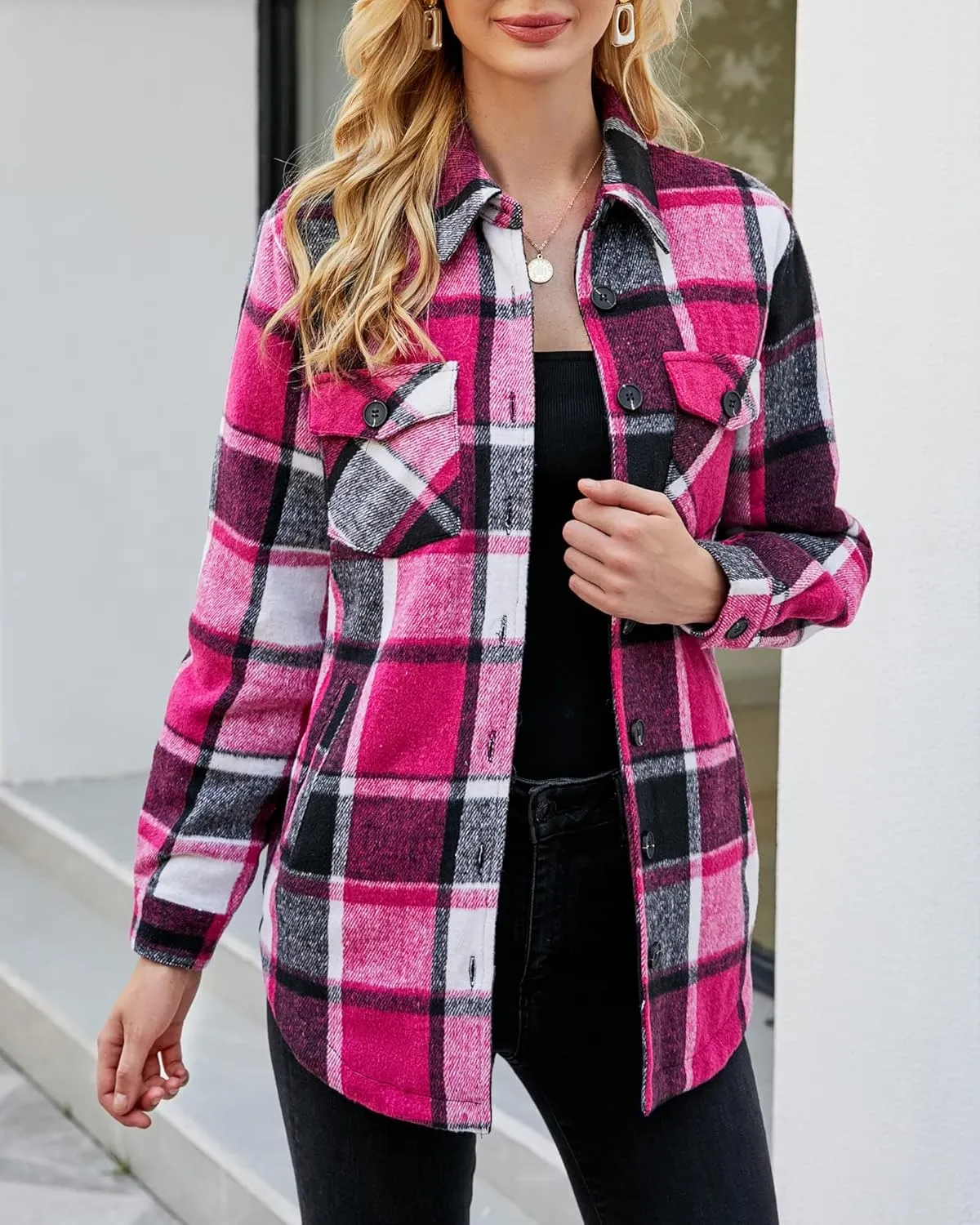 luvamia Plaid Jackets for Women Flannel Quilted Shacket Coats Oversized Button Down Shirts Jacket