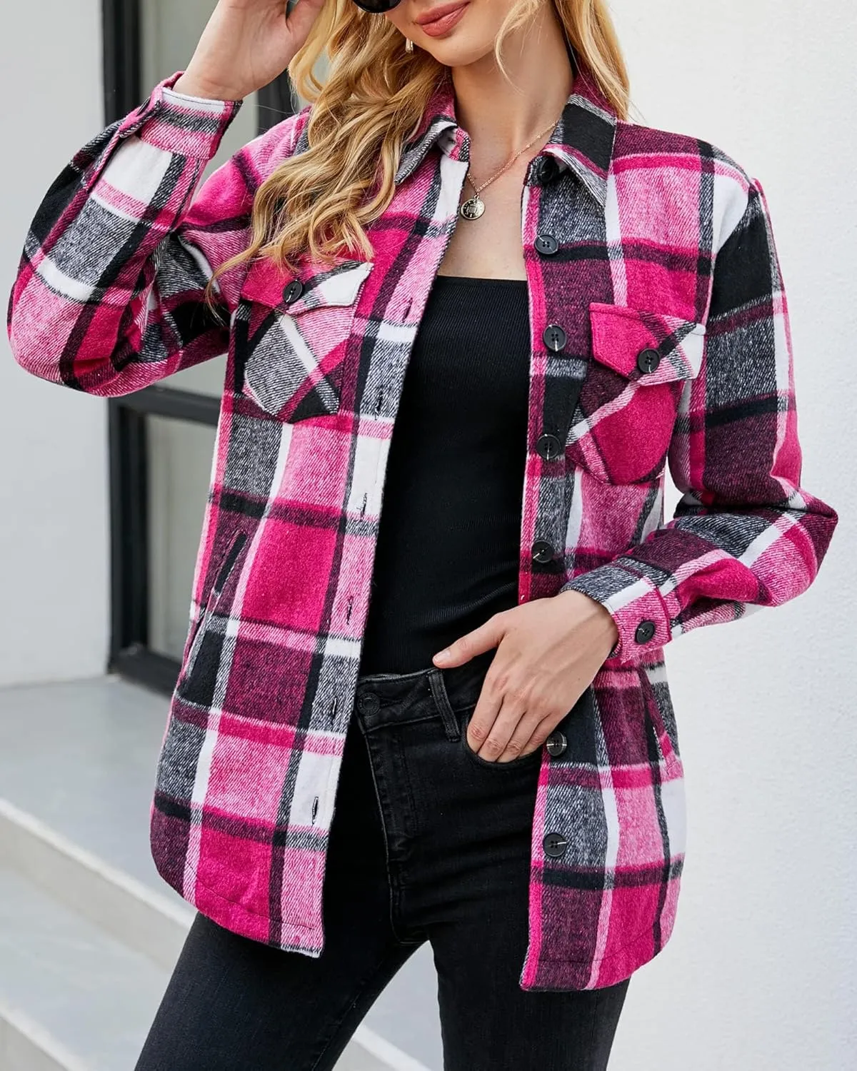 luvamia Plaid Jackets for Women Flannel Quilted Shacket Coats Oversized Button Down Shirts Jacket