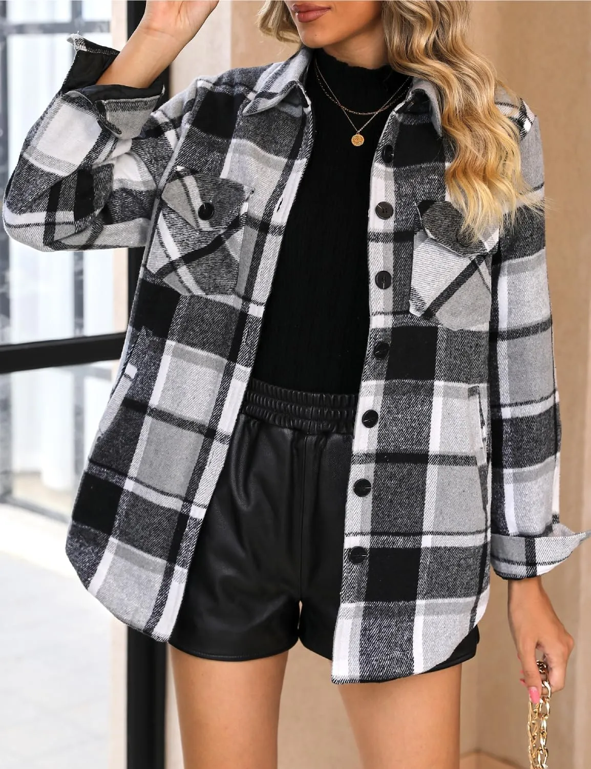 luvamia Plaid Jackets for Women Flannel Quilted Shacket Coats Oversized Button Down Shirts Jacket