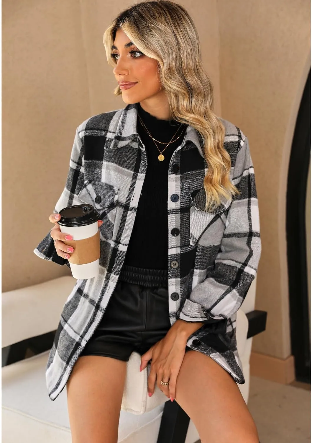 luvamia Plaid Jackets for Women Flannel Quilted Shacket Coats Oversized Button Down Shirts Jacket
