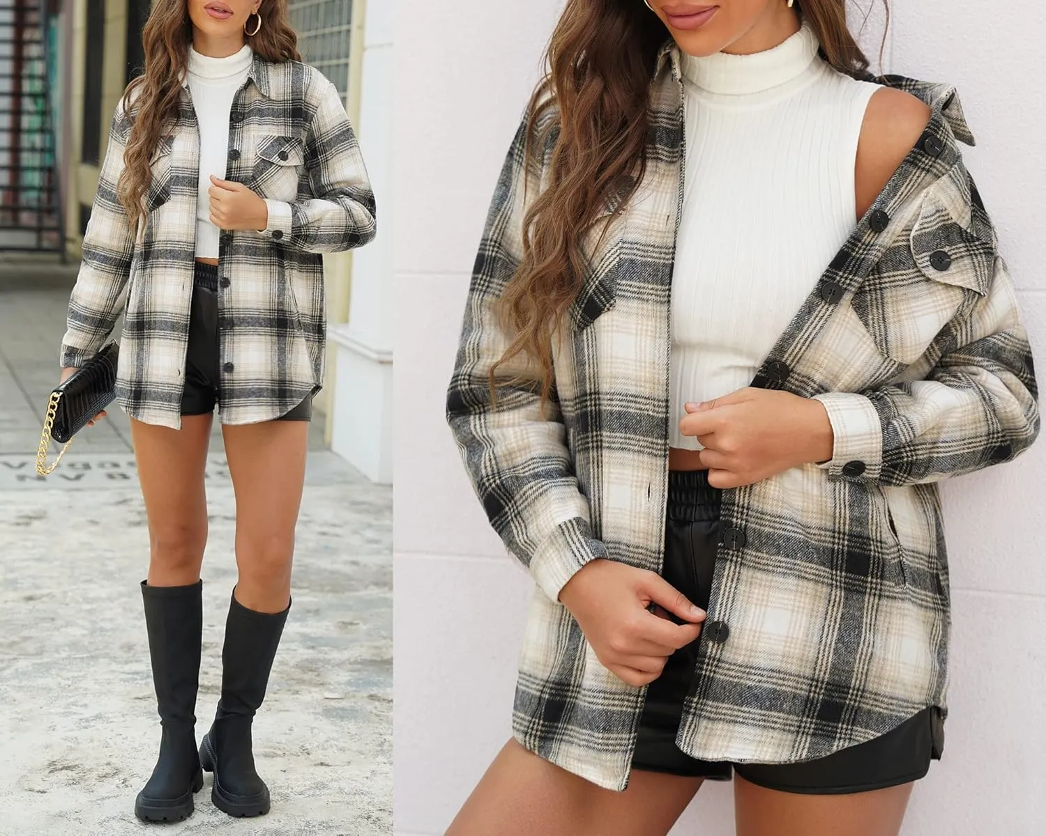 luvamia Plaid Jackets for Women Flannel Quilted Shacket Coats Oversized Button Down Shirts Jacket