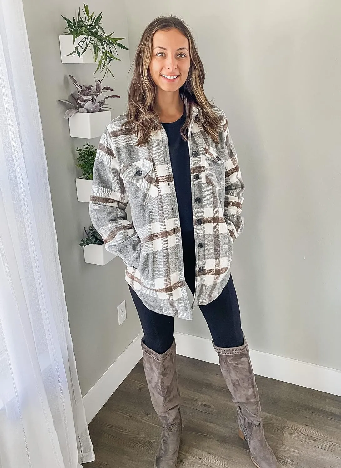 luvamia Plaid Jackets for Women Flannel Quilted Shacket Coats Oversized Button Down Shirts Jacket