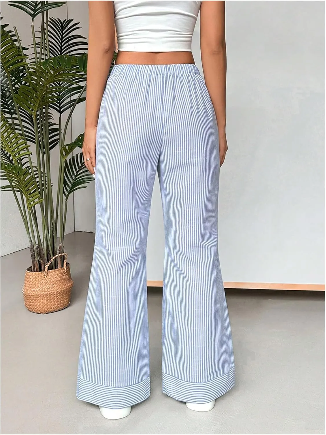 MakeMeChic Women's Y2K Striped Pants Elastic Low Rise Bell Bottoms Wide Leg Lounge Pants