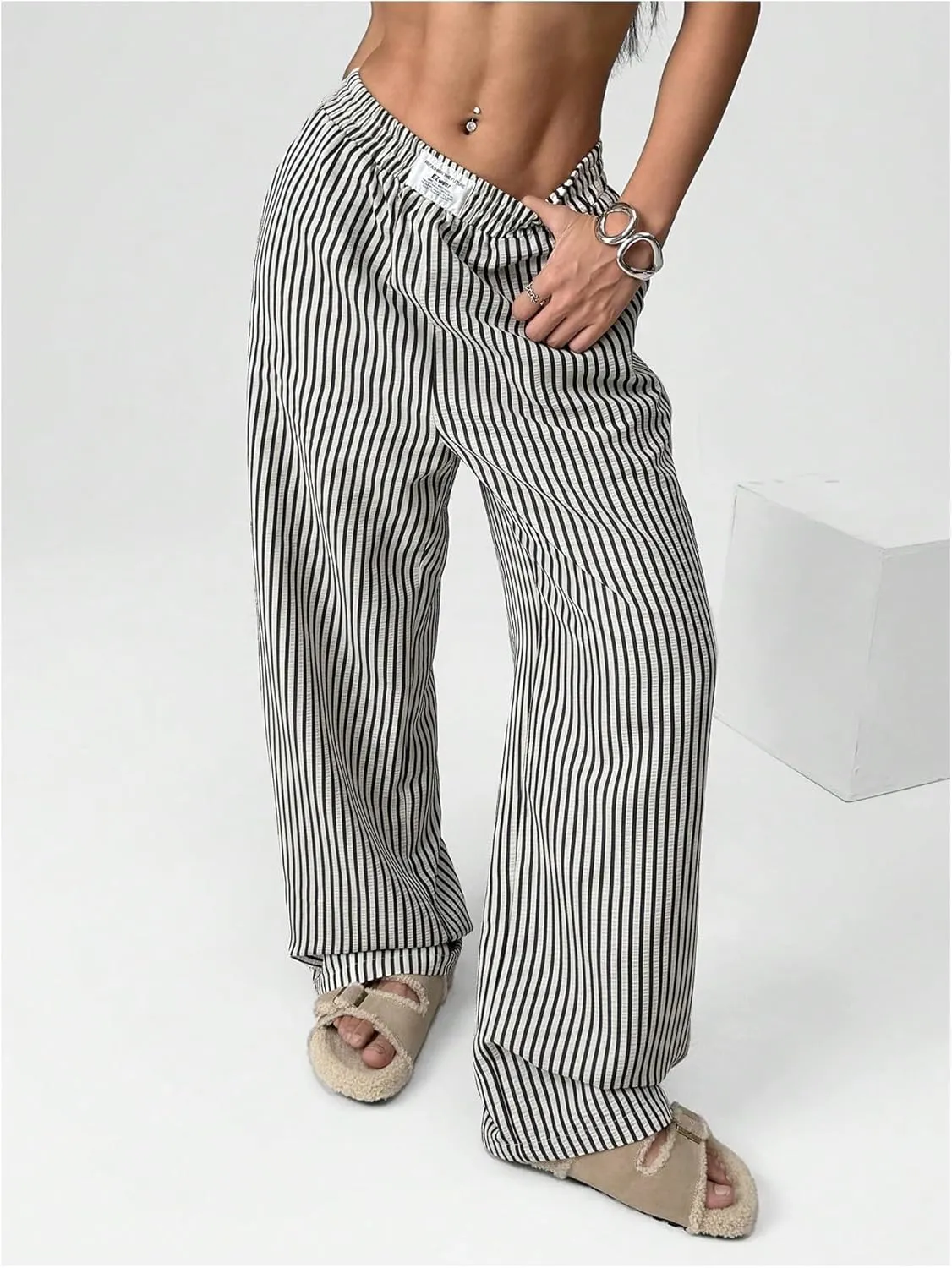 MakeMeChic Women's Y2K Striped Pants Elastic Low Rise Bell Bottoms Wide Leg Lounge Pants