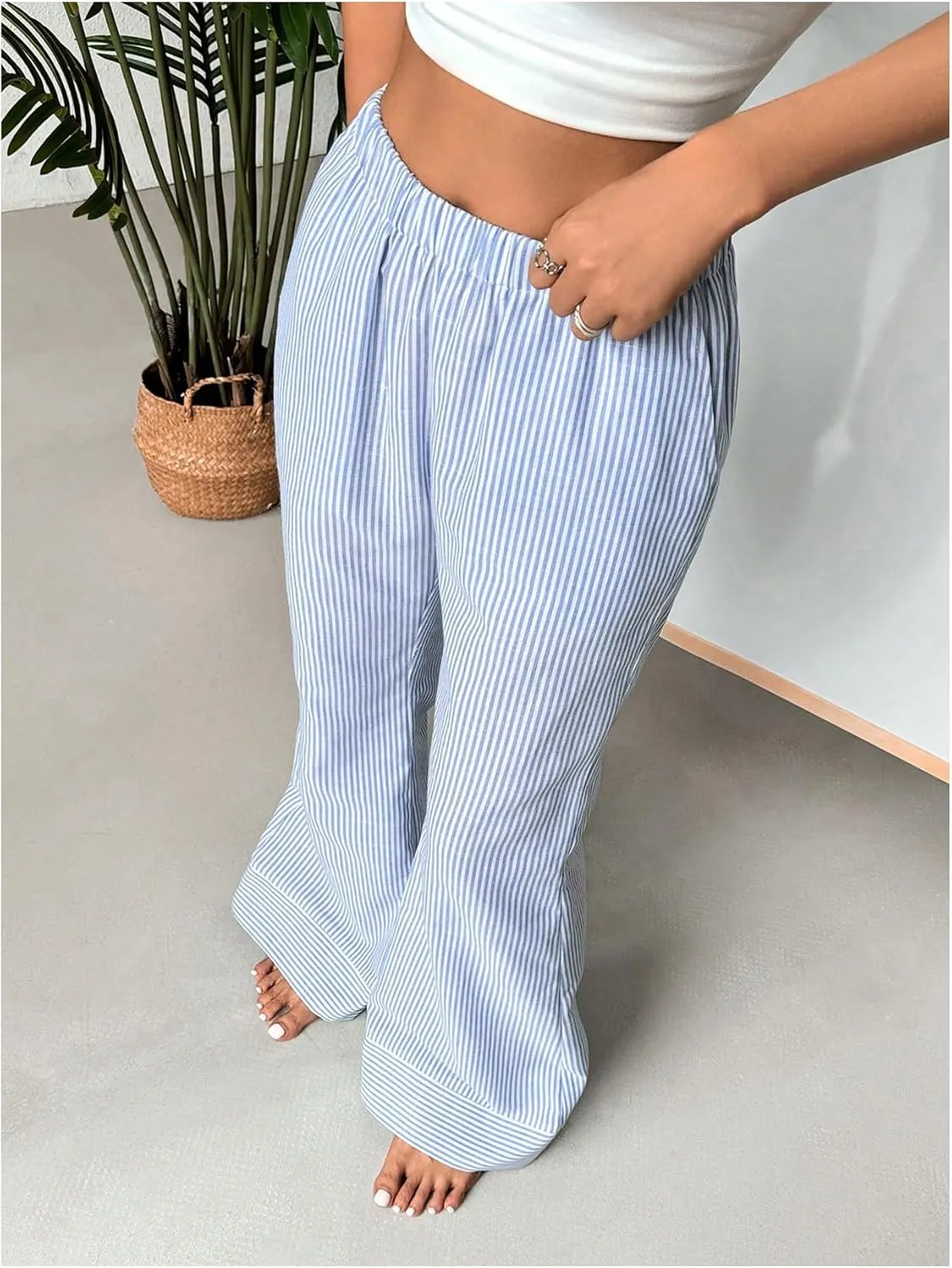 MakeMeChic Women's Y2K Striped Pants Elastic Low Rise Bell Bottoms Wide Leg Lounge Pants