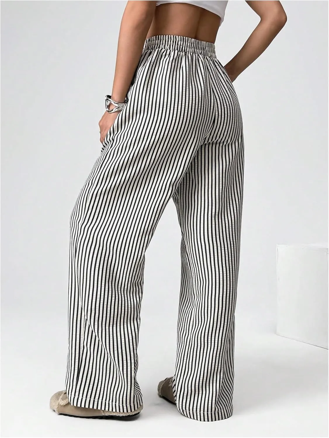 MakeMeChic Women's Y2K Striped Pants Elastic Low Rise Bell Bottoms Wide Leg Lounge Pants