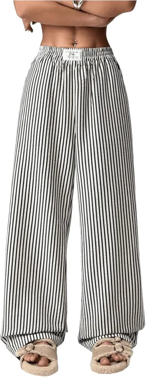 MakeMeChic Women's Y2K Striped Pants Elastic Low Rise Bell Bottoms Wide Leg Lounge Pants