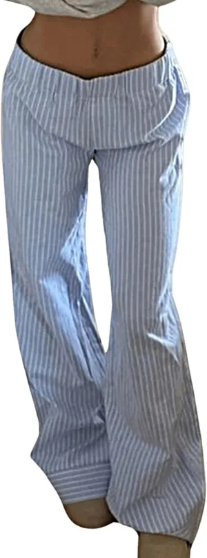 MakeMeChic Women's Y2K Striped Pants Elastic Low Rise Bell Bottoms Wide Leg Lounge Pants