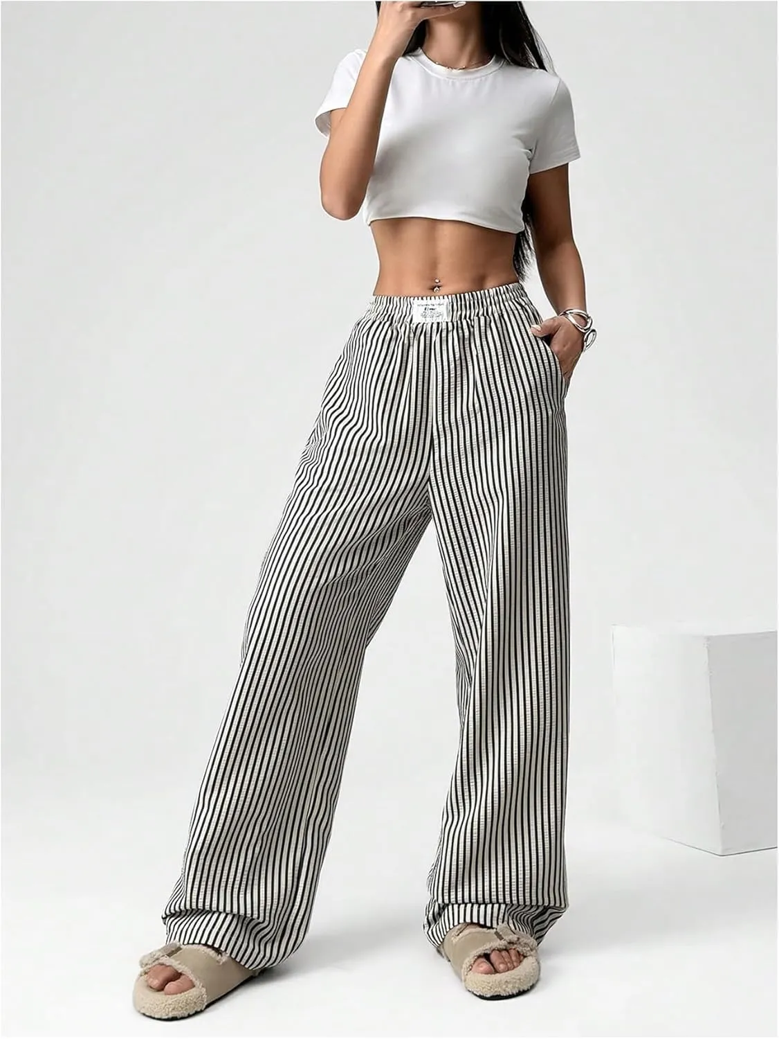 MakeMeChic Women's Y2K Striped Pants Elastic Low Rise Bell Bottoms Wide Leg Lounge Pants