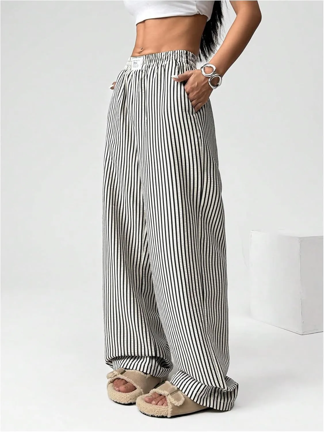 MakeMeChic Women's Y2K Striped Pants Elastic Low Rise Bell Bottoms Wide Leg Lounge Pants