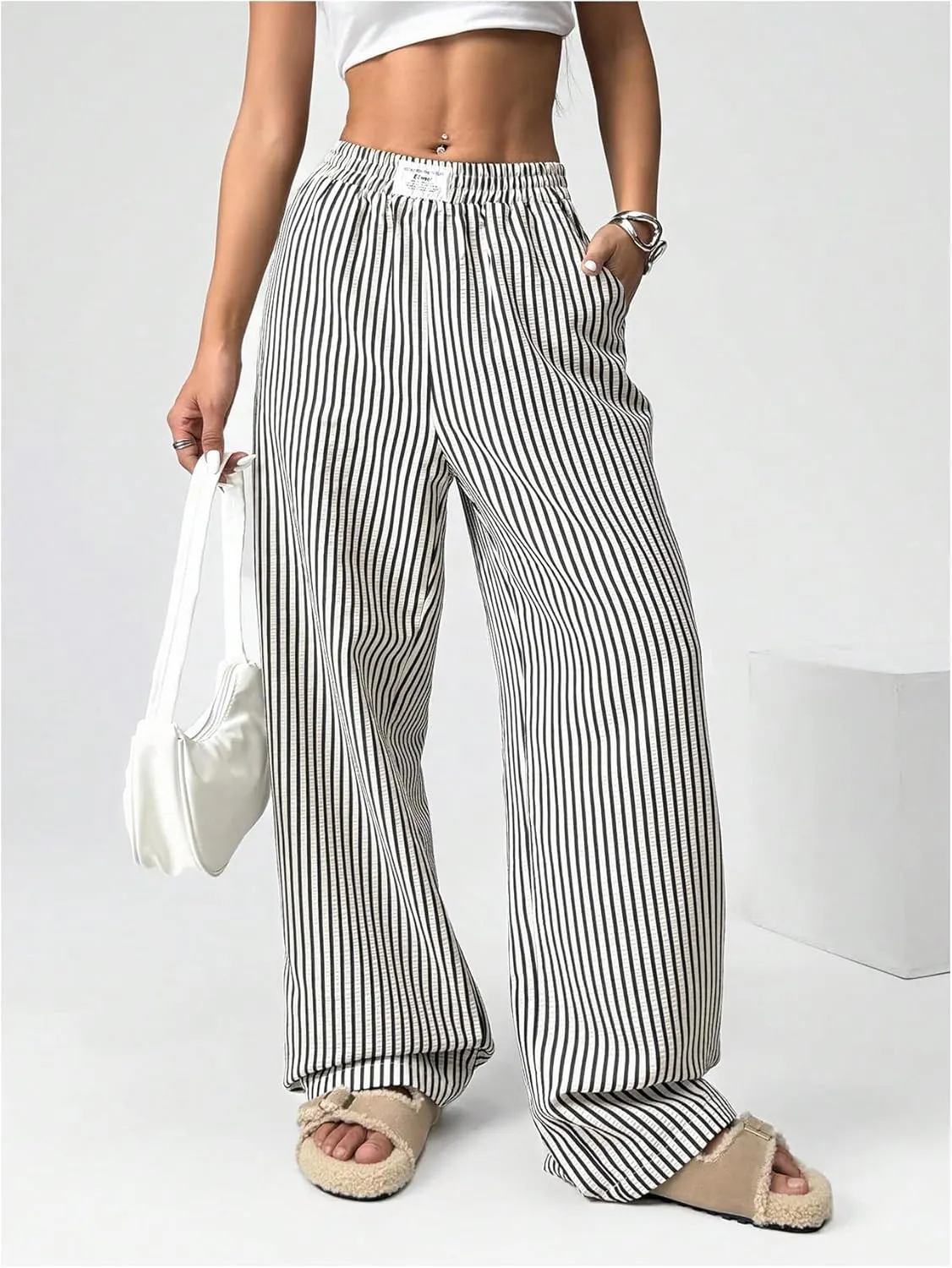 MakeMeChic Women's Y2K Striped Pants Elastic Low Rise Bell Bottoms Wide Leg Lounge Pants