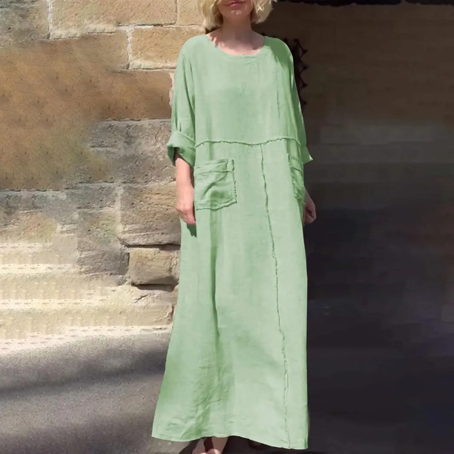 Maxi Dress for Women Cotton Linen Crewneck Flowy Beach Long Dresses Casual Long Sleeve Pleated Dresses with Pocket