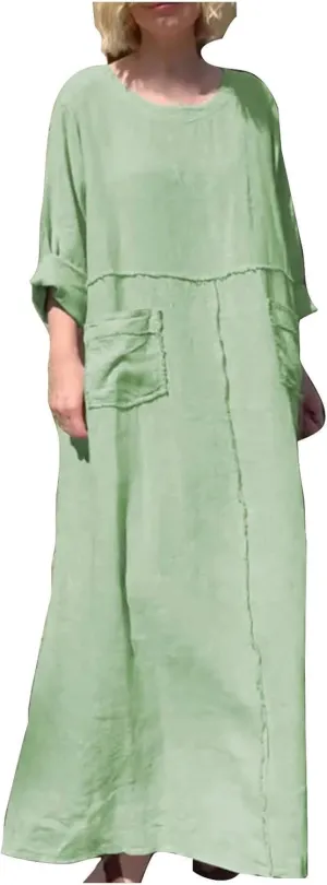 Maxi Dress for Women Cotton Linen Crewneck Flowy Beach Long Dresses Casual Long Sleeve Pleated Dresses with Pocket