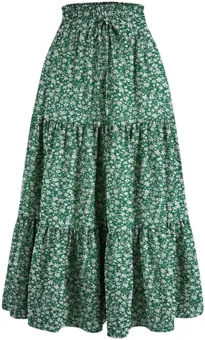 Maxi Skirts for Women 2025 Floral Boho Comfy Tiered Elastic High Waisted Vacation A-Line Flowy Swing Long Skirt