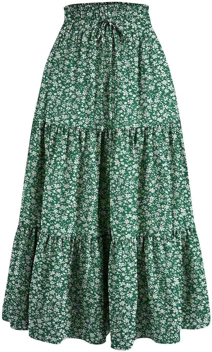 Maxi Skirts for Women 2025 Floral Boho Comfy Tiered Elastic High Waisted Vacation A-Line Flowy Swing Long Skirt