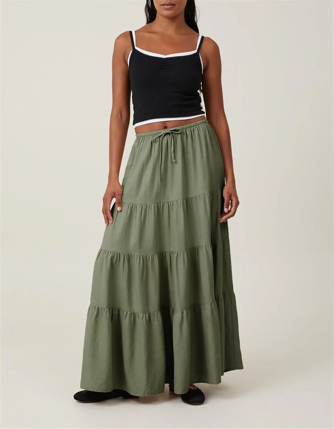 Maxi Skirts for Women, Summer Casual Elastic High Waist Pleated A-Line Flowy Tiered Ruffle Long Skirt