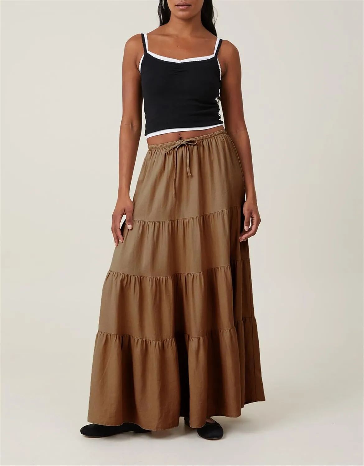 Maxi Skirts for Women, Summer Casual Elastic High Waist Pleated A-Line Flowy Tiered Ruffle Long Skirt