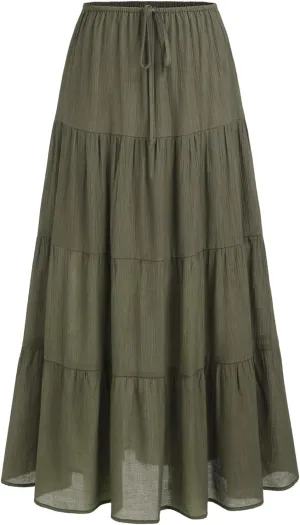 Maxi Skirts for Women, Summer Casual Elastic High Waist Pleated A-Line Flowy Tiered Ruffle Long Skirt