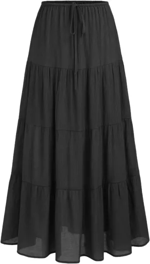 Maxi Skirts for Women, Summer Casual Elastic High Waist Pleated A-Line Flowy Tiered Ruffle Long Skirt