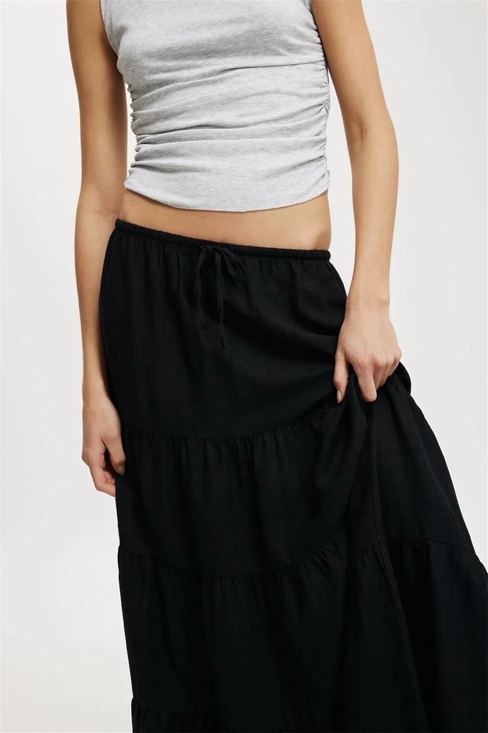 Maxi Skirts for Women, Summer Casual Elastic High Waist Pleated A-Line Flowy Tiered Ruffle Long Skirt