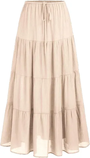Maxi Skirts for Women, Summer Casual Elastic High Waist Pleated A-Line Flowy Tiered Ruffle Long Skirt