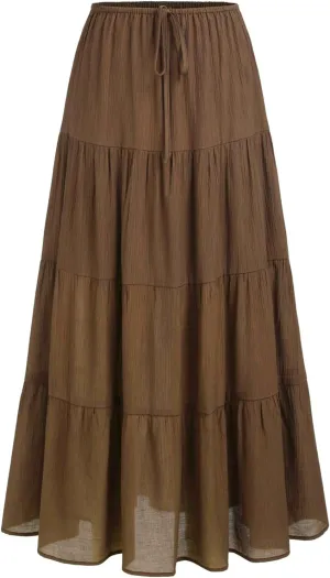 Maxi Skirts for Women, Summer Casual Elastic High Waist Pleated A-Line Flowy Tiered Ruffle Long Skirt