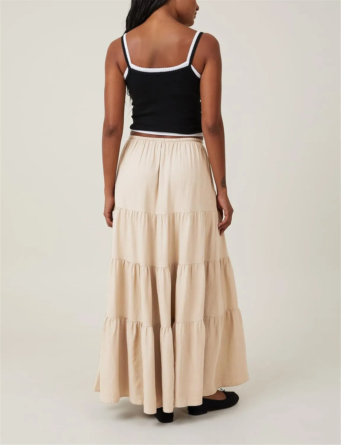 Maxi Skirts for Women, Summer Casual Elastic High Waist Pleated A-Line Flowy Tiered Ruffle Long Skirt