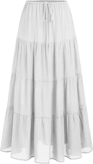 Maxi Skirts for Women, Summer Casual Elastic High Waist Pleated A-Line Flowy Tiered Ruffle Long Skirt