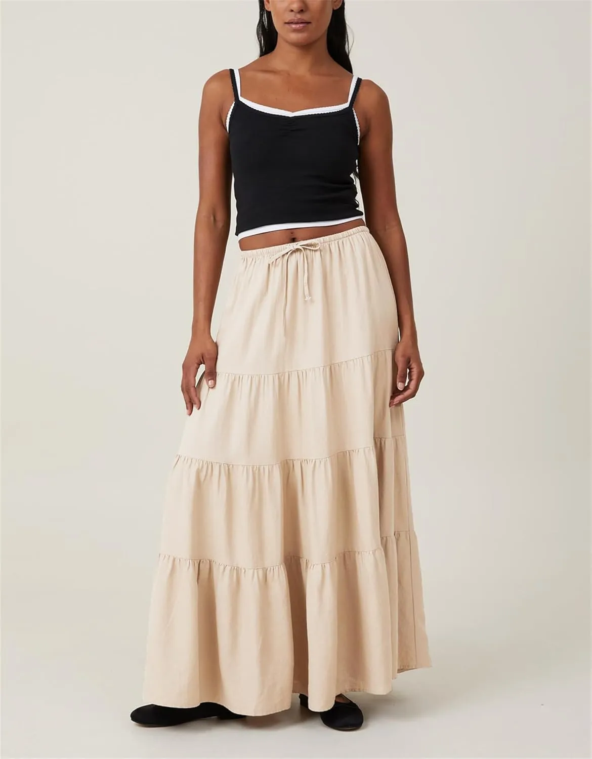 Maxi Skirts for Women, Summer Casual Elastic High Waist Pleated A-Line Flowy Tiered Ruffle Long Skirt