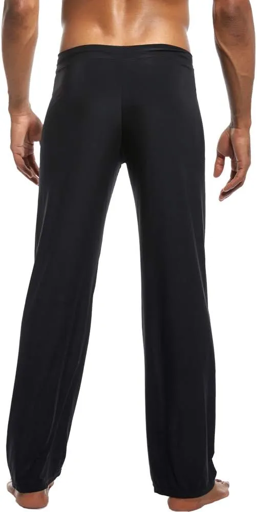 Men Soft Ice Silk Long Yoga Pants Sexy Low Rise Elastic Drawstring Sleep Bottoms