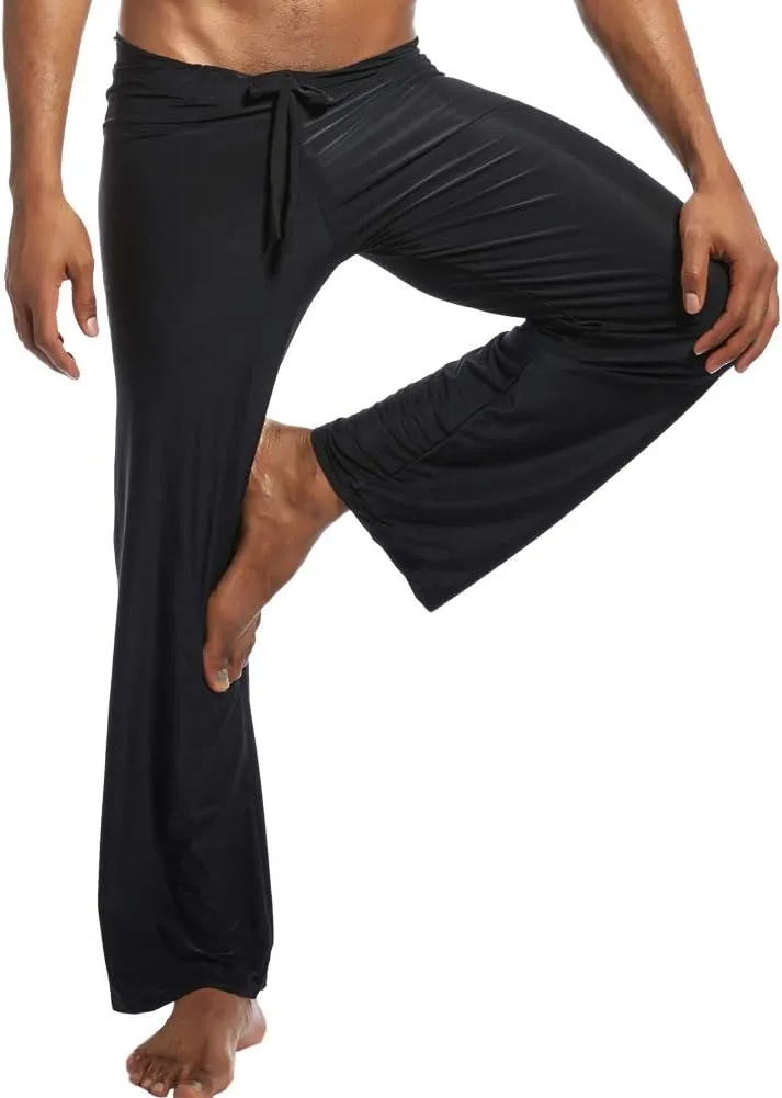 Men Soft Ice Silk Long Yoga Pants Sexy Low Rise Elastic Drawstring Sleep Bottoms