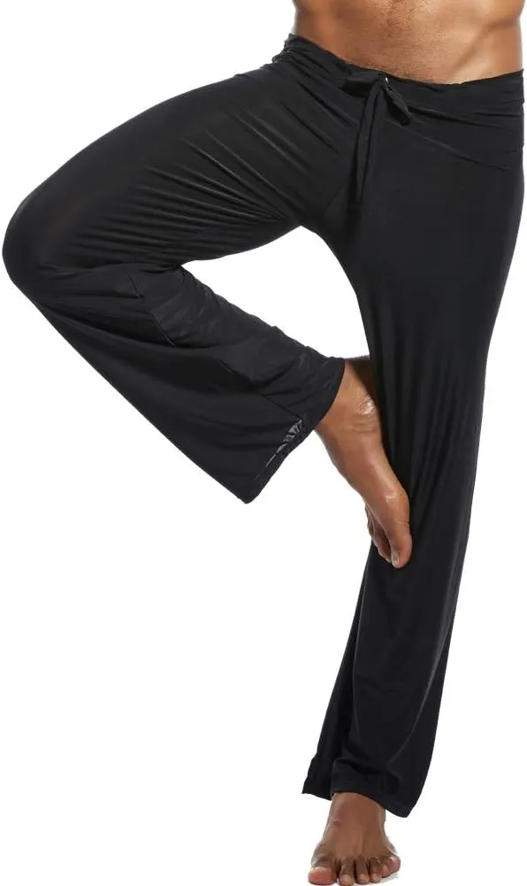 Men Soft Ice Silk Long Yoga Pants Sexy Low Rise Elastic Drawstring Sleep Bottoms