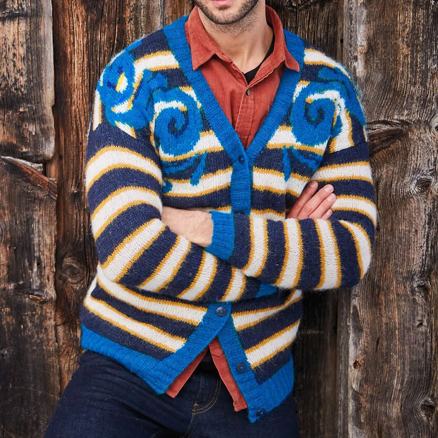Mens Casual Button Down Cardigan Jacket Men V Neck Cable Knitted Sweater Stripe Color Block Knitwear Top
