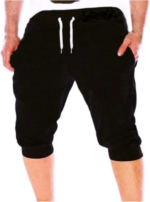 Mens Casual Capri Pants 3/4 Jogger Yoga Pants Solid Color Cropped Trousers Elastic Waist Drawstring Sweatpants Sports